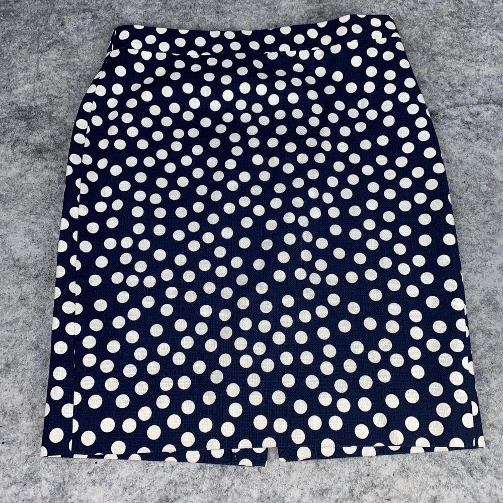 J. Crew The‎ Pencil Skirt Women's 2 Navy White Polka Dots Back Slit Lined Career